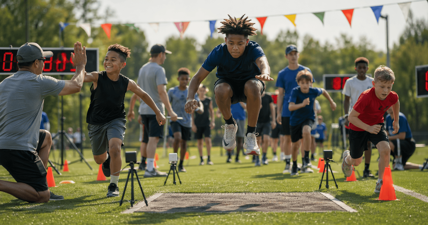 Youth athletes competing at a YAPi combine — kids sprinting, jumping, and high-fiving coaches on a sunny field